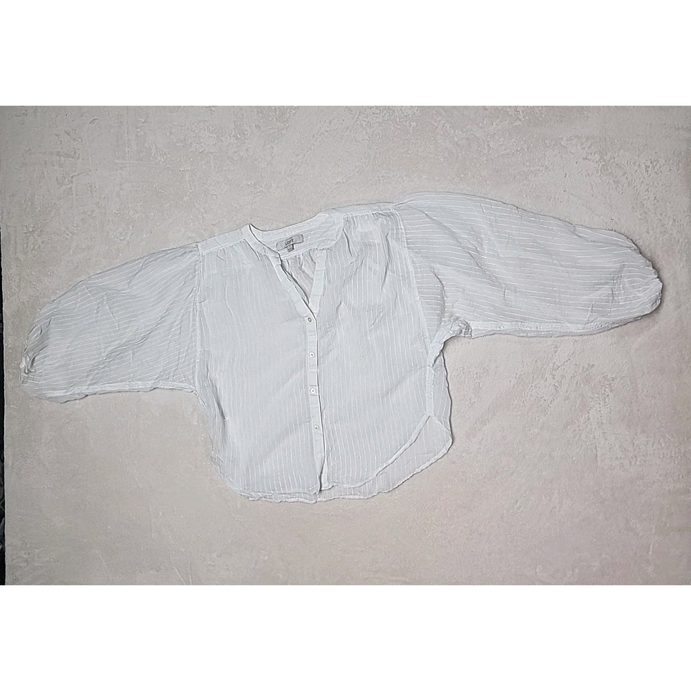 LOFT MP White Semi-Sheer Button Front BLOUSE V-Neck 3/4 Bubble Sleeves Xs